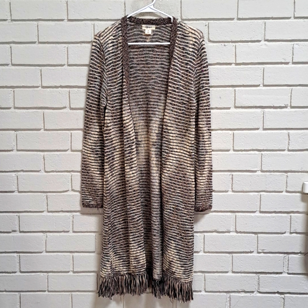 Style & Co Tan,black & cream gold Shimmer Fringe Sweater Cardigan. Size Medium